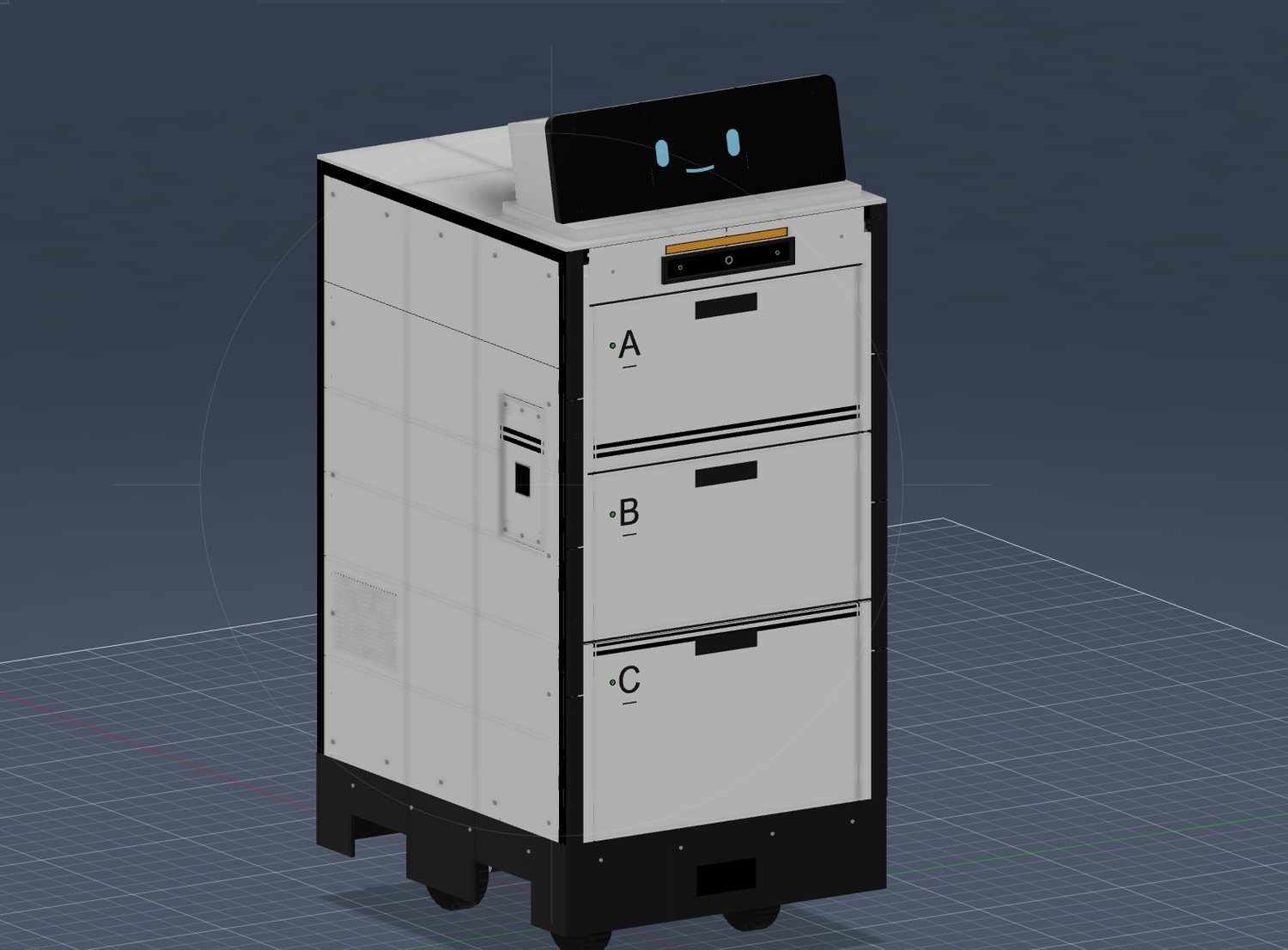 CAD render of Porter, an autonomous indoor delivery robot with three secure cargo compartments and an expressive display